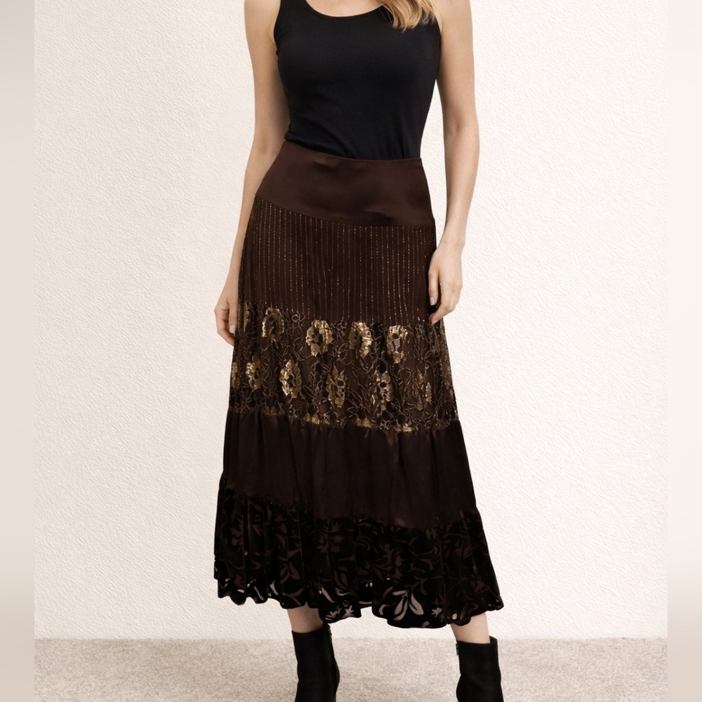 SPENSER JEREMY Dark Brown Gold Metallic Satin Lace Velvet Silk Goth Skirt